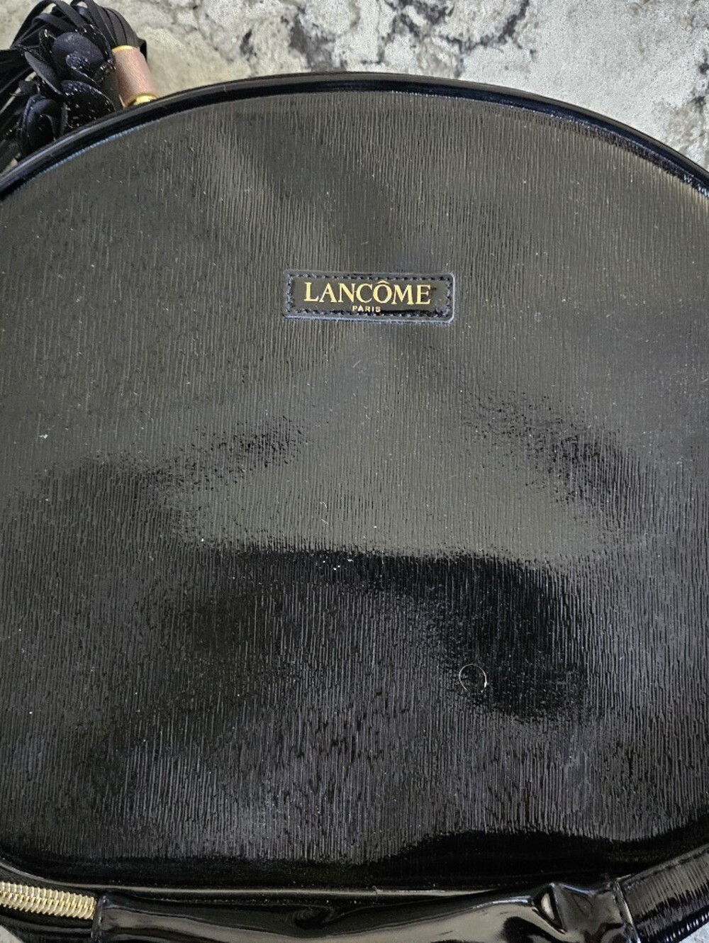 Lancôme Black Faux Patent Leather Round Makeup Bag Cosmetic Train Case Large